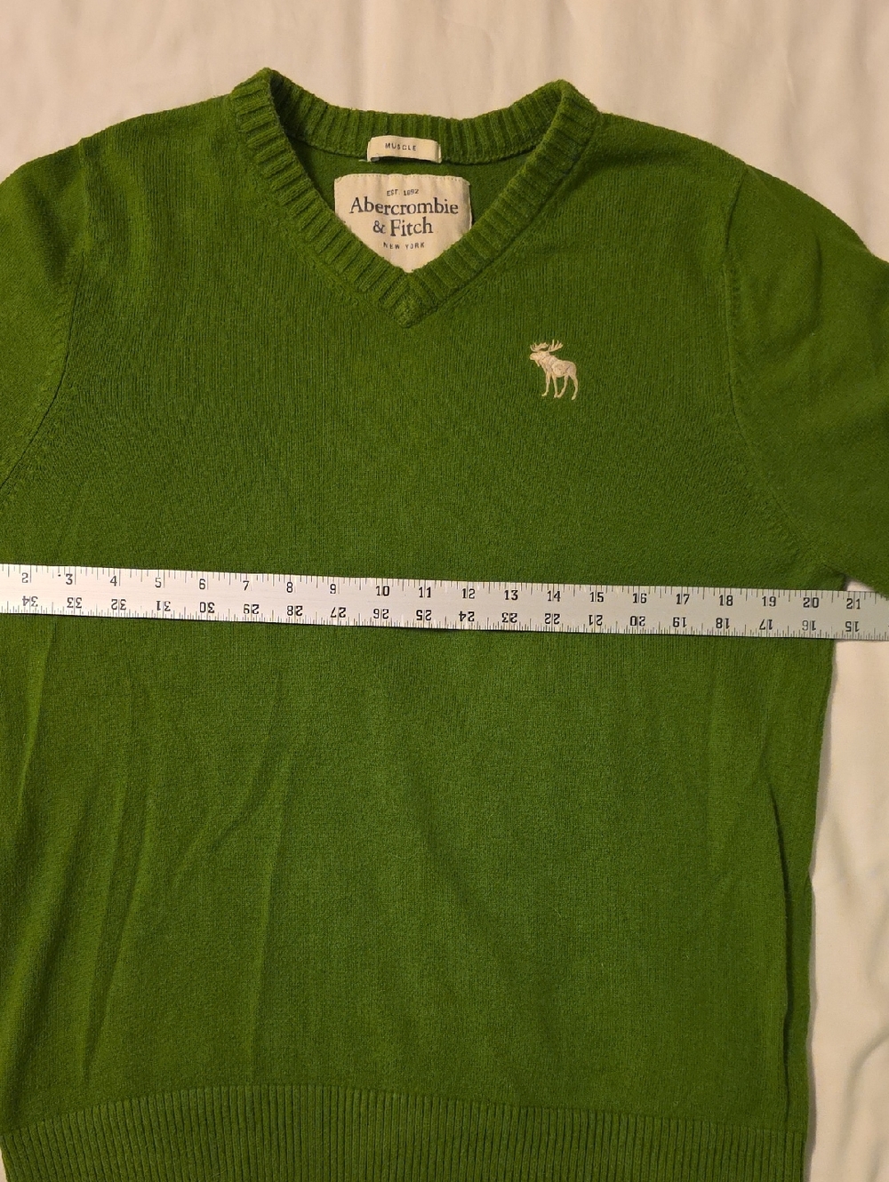 Abercrombie & Fitch Men's V-Neck Sweater in Bright Green with Cream Logo